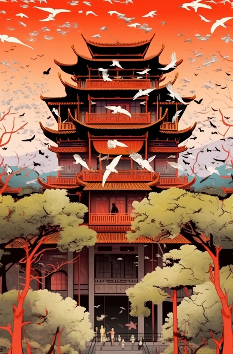 手绘红色渐变国潮风楼阁远山仙鹤祥云,插画/手绘图,插画/手绘图库,插画/手绘图下载,插画/手绘